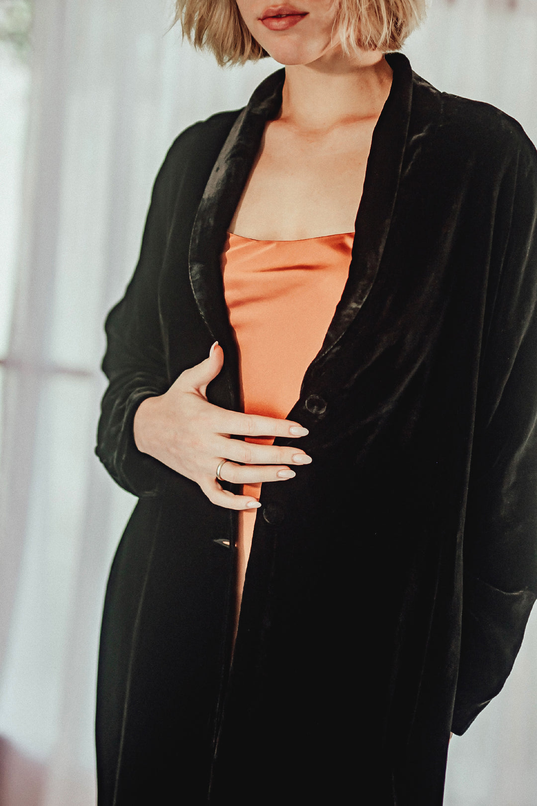 fully lined black silk velvet coat foundling