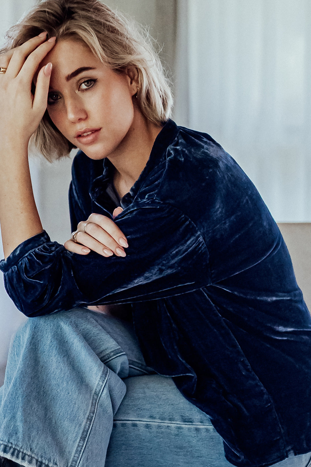 foundling silk velvet button blouse blue