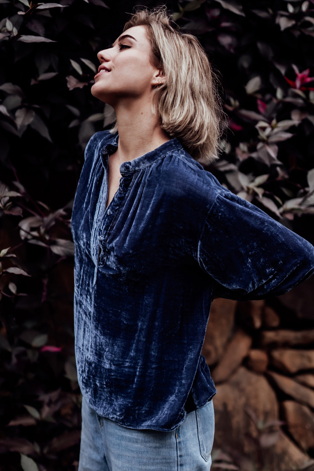 foundling silk velvet button blouse blue