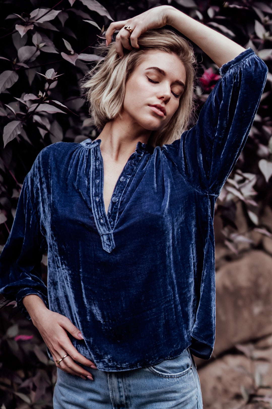 foundling silk velvet button blouse blue