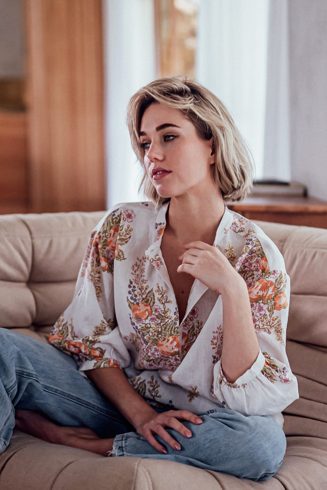 foundling les fleurs sauvages linen button blouse floral