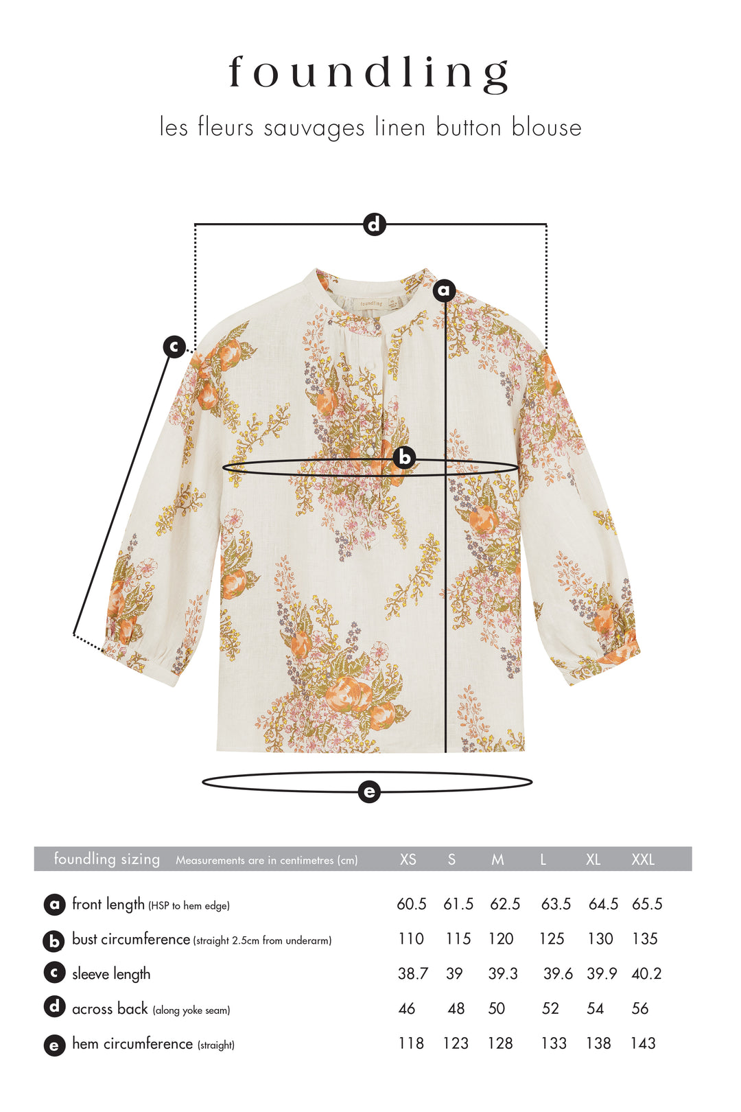 foundling les fleurs sauvages linen button blouse floral size guide