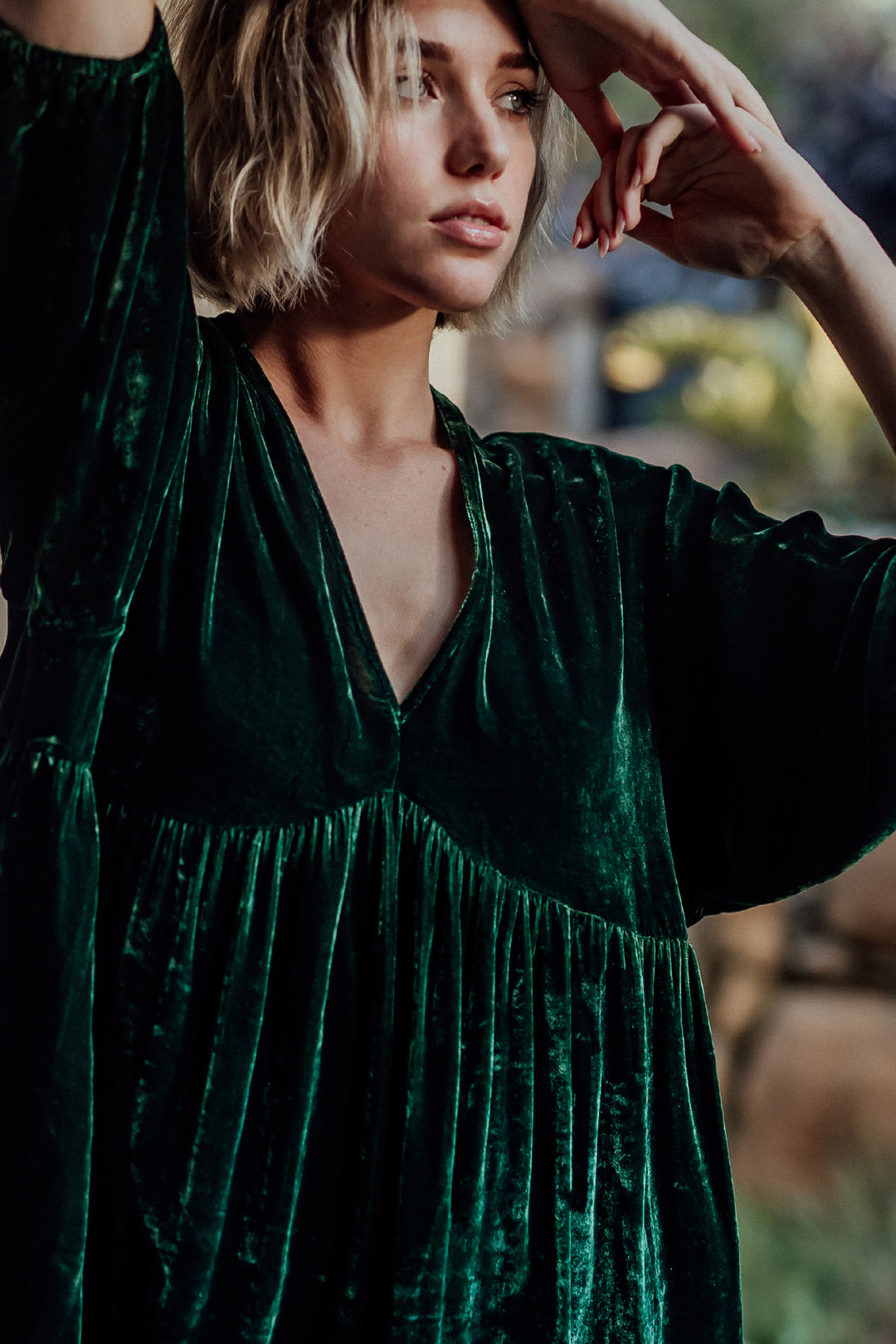 green silk velvet babydoll style smock dress foundling