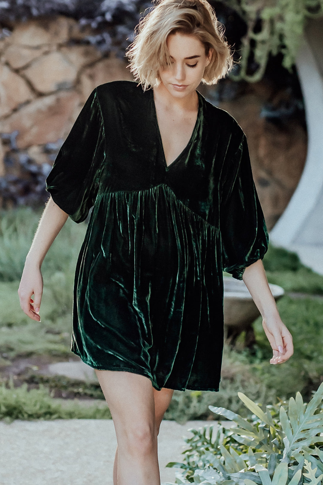 green silk velvet babydoll style smock dress foundling