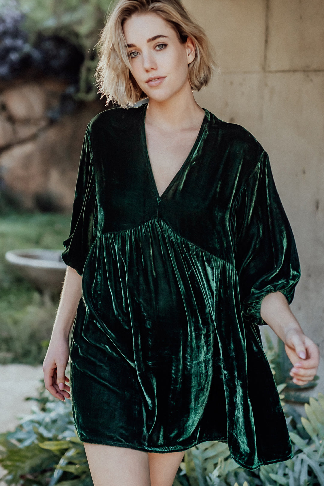 green silk velvet babydoll style smock dress foundling