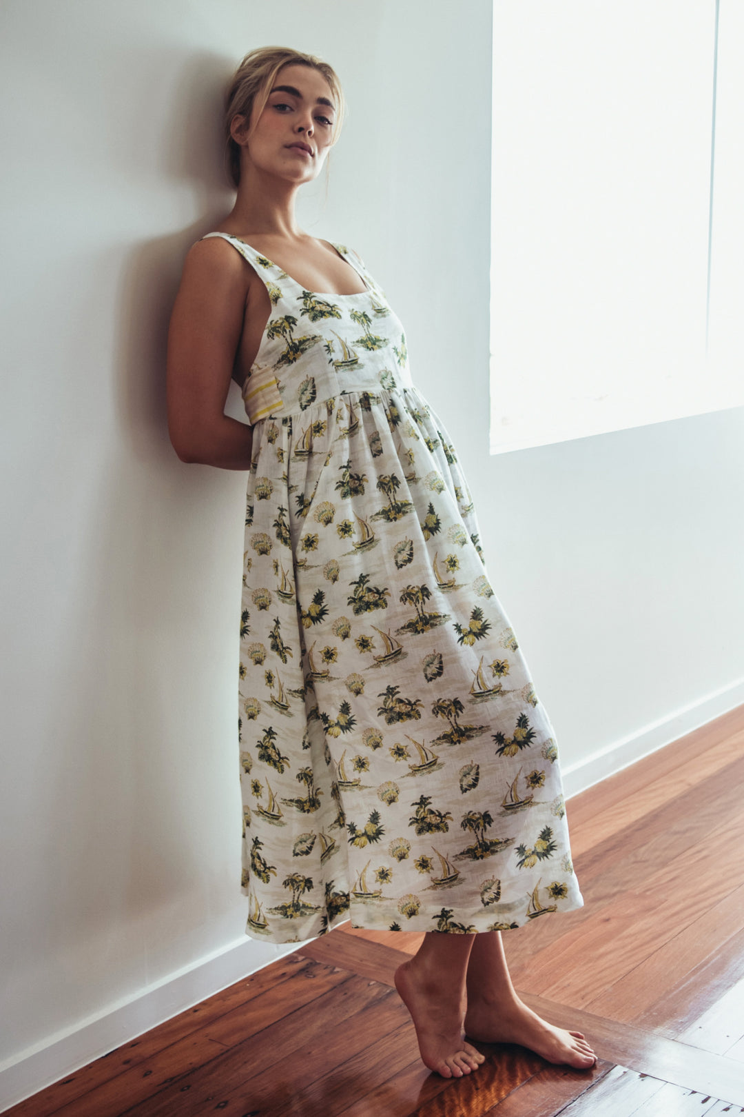 PACIFIC TIKI PRINT LINEN EMPIRE MAXI DRESS HANDPRINTED