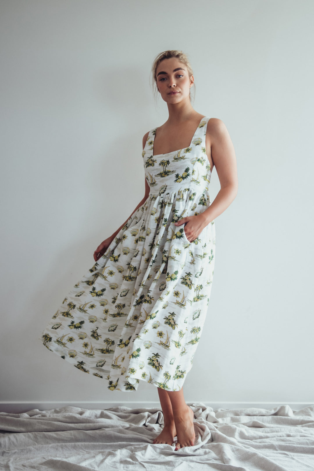 PACIFIC TIKI PRINT LINEN EMPIRE MAXI DRESS HANDPRINTED