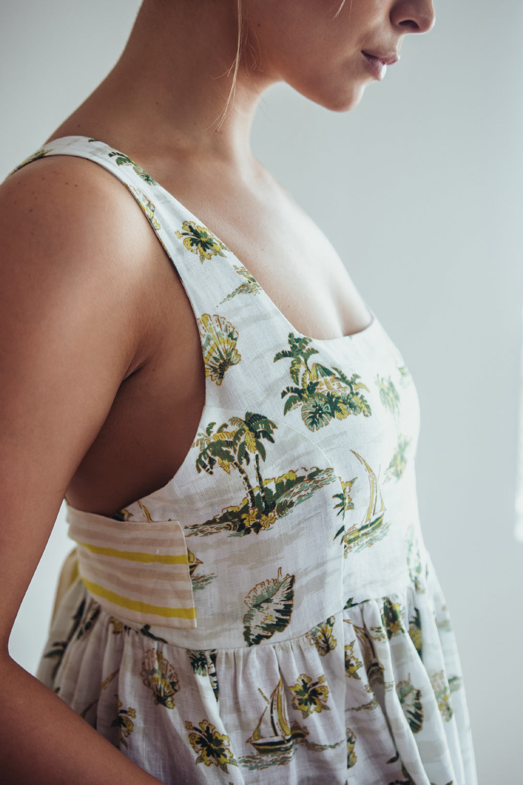 PACIFIC TIKI PRINT LINEN EMPIRE MAXI DRESS HANDPRINTED