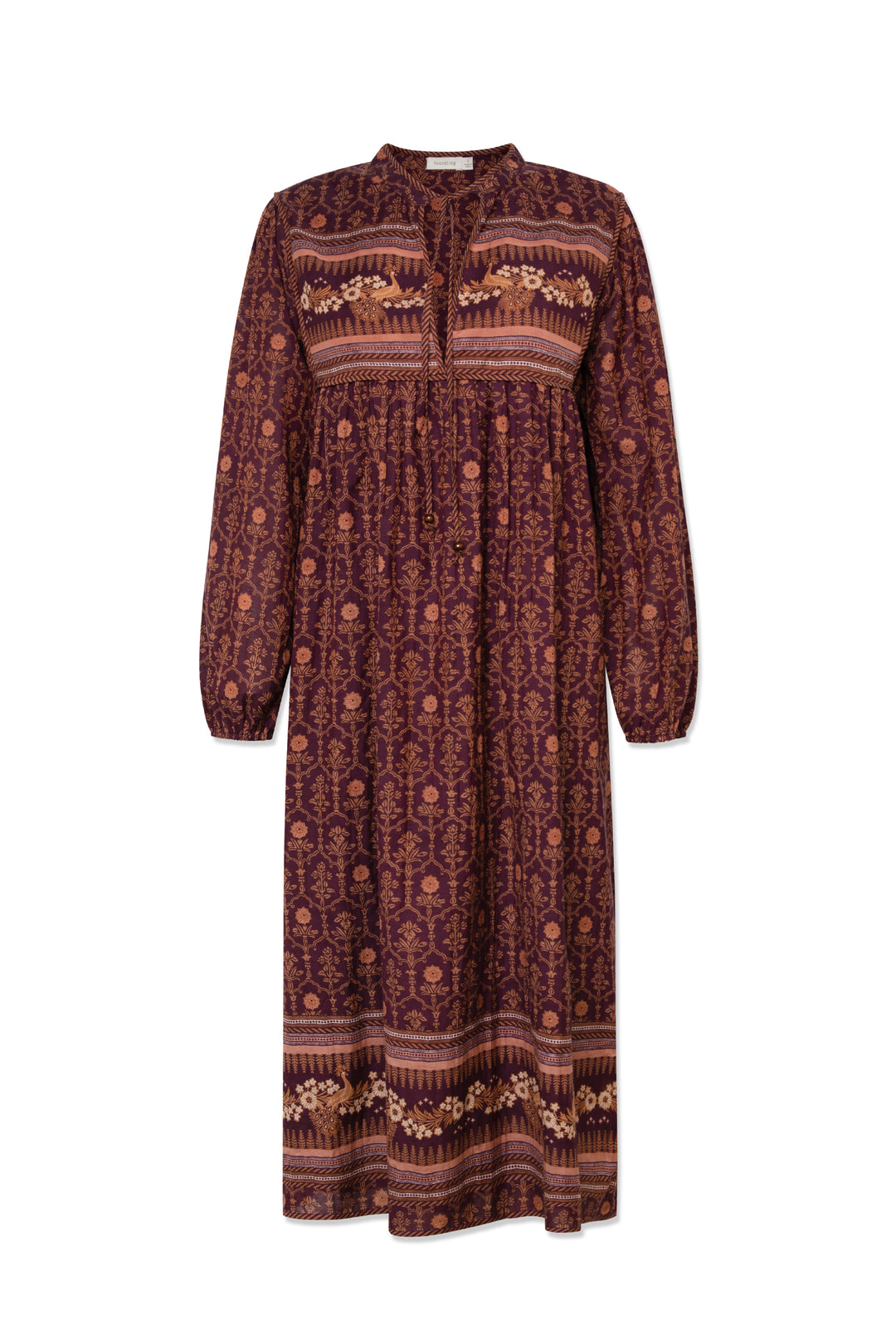 flat lay of hand printed folk style maxi dress in fig with feature border and piping, elasticised sleeve and pockets