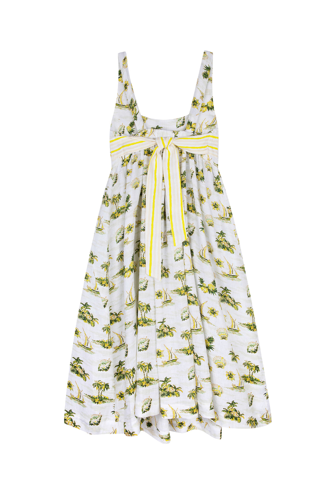 PACIFIC TIKI PRINT LINEN EMPIRE MAXI DRESS HANDPRINTED BACK TIE