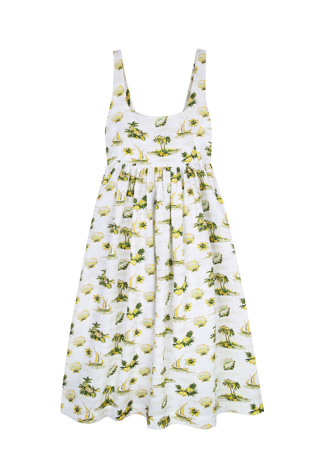 PACIFIC TIKI PRINT LINEN EMPIRE MAXI DRESS HANDPRINTED FLAT LAY