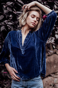 foundling silk velvet button blouse blue 