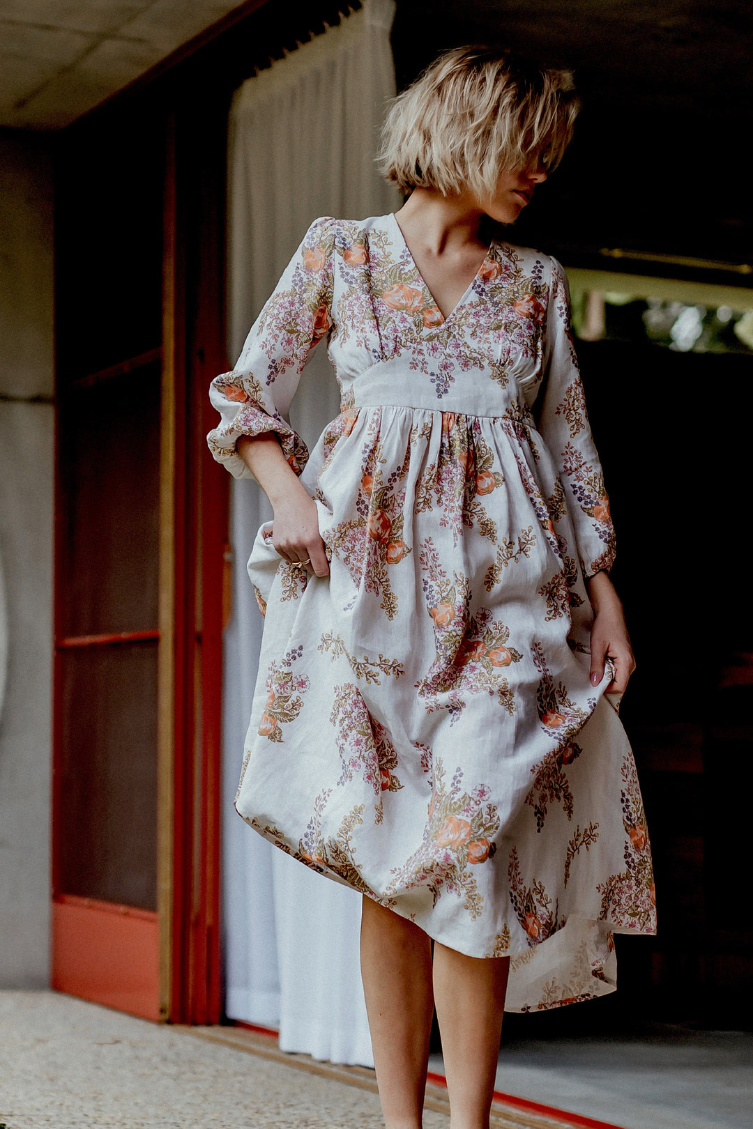 Les Fleurs Sauvages Linen Midi Dress