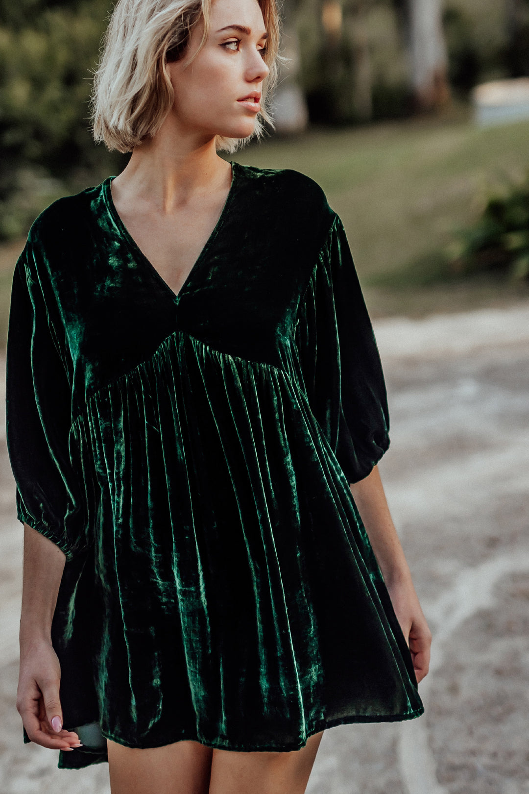 Inez Silk Velvet Smock Dress Verte