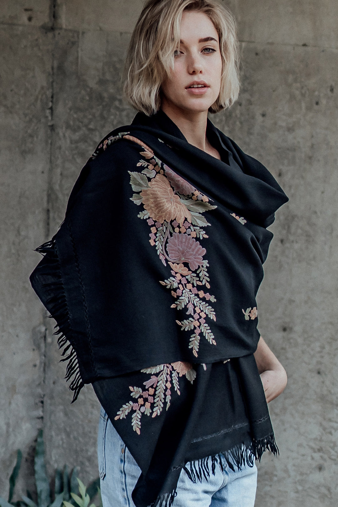Sakura wool embroidered shawl