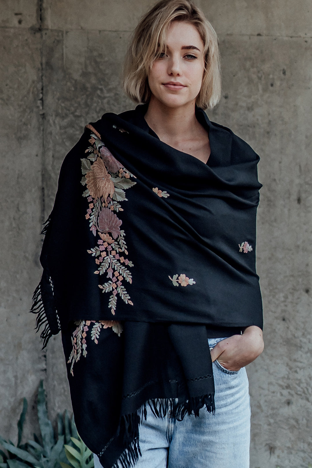 Sakura wool embroidered shawl