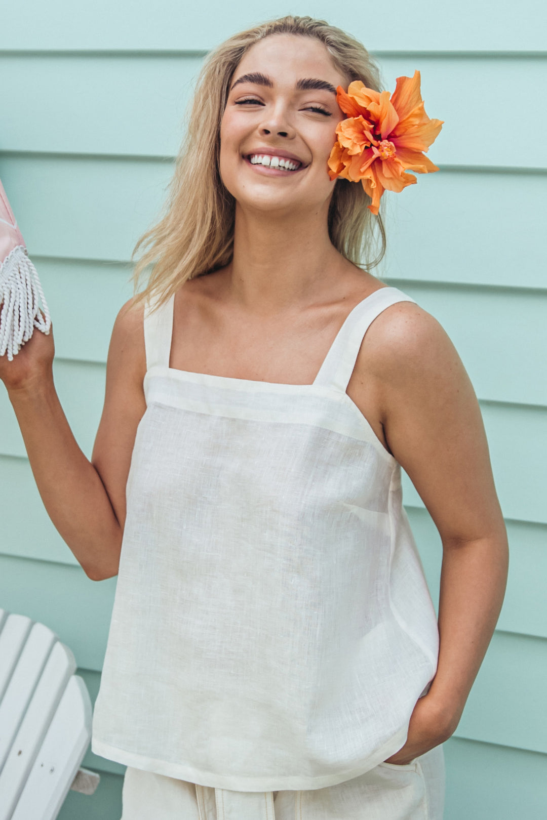 linen square neck camisole sleeveless swing top cream foundling