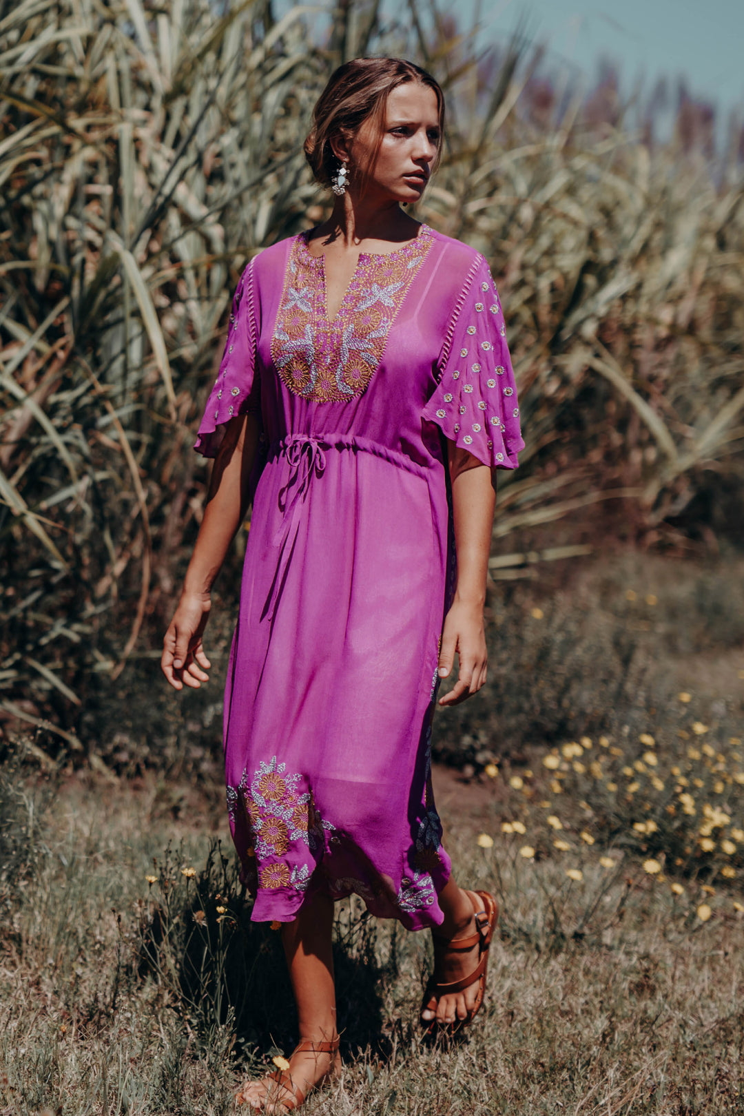 Saree Song Embroidered Kaftan Orchid