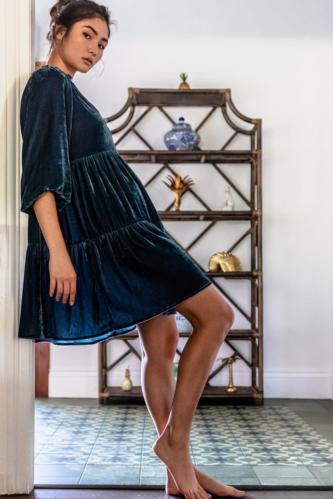 blue silk velvet smock swing dress to knee length, blousey sleeve and gathered shoulder detail