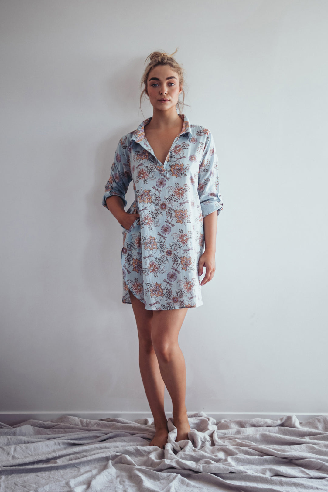 blue floral cotton beach shirt summer popover