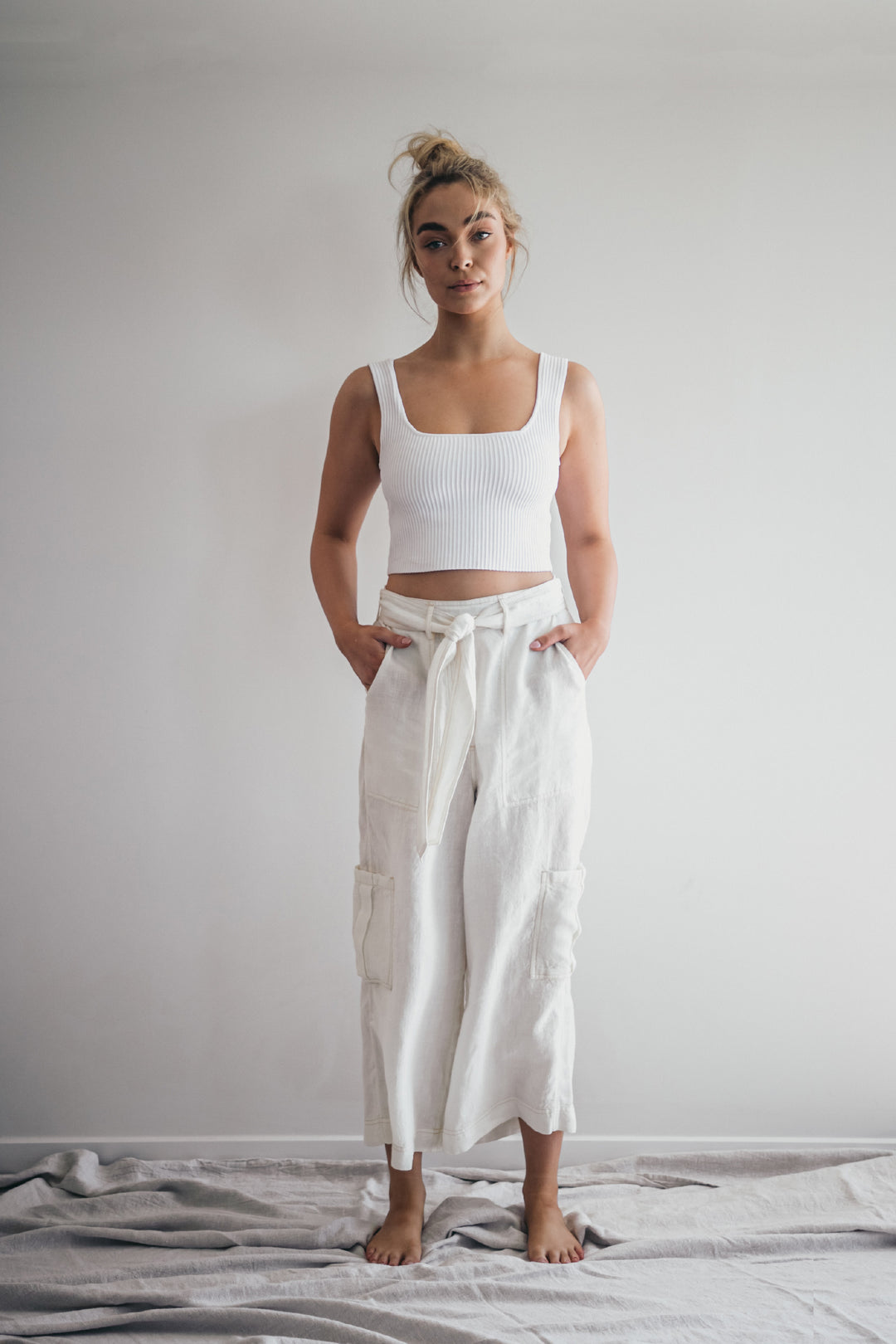 BONE LINEN WIDE LEG CARGO PANTS