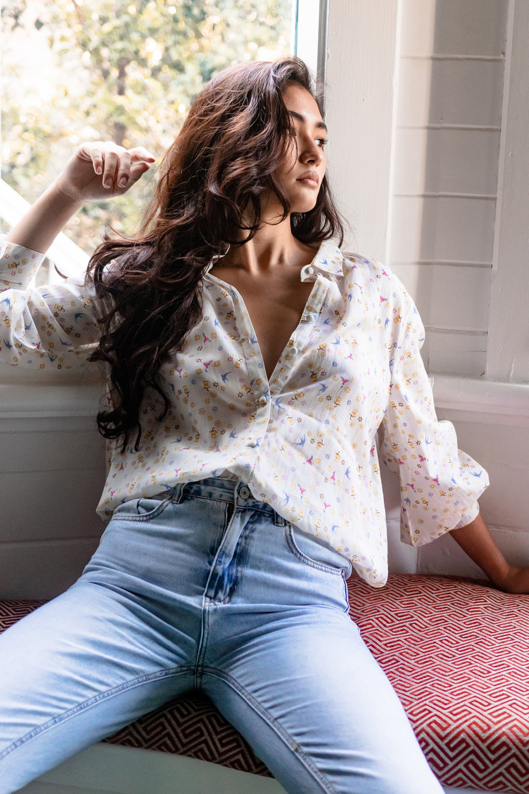 hand printed cotton blouse with barn swallows and tiny yellow flowers