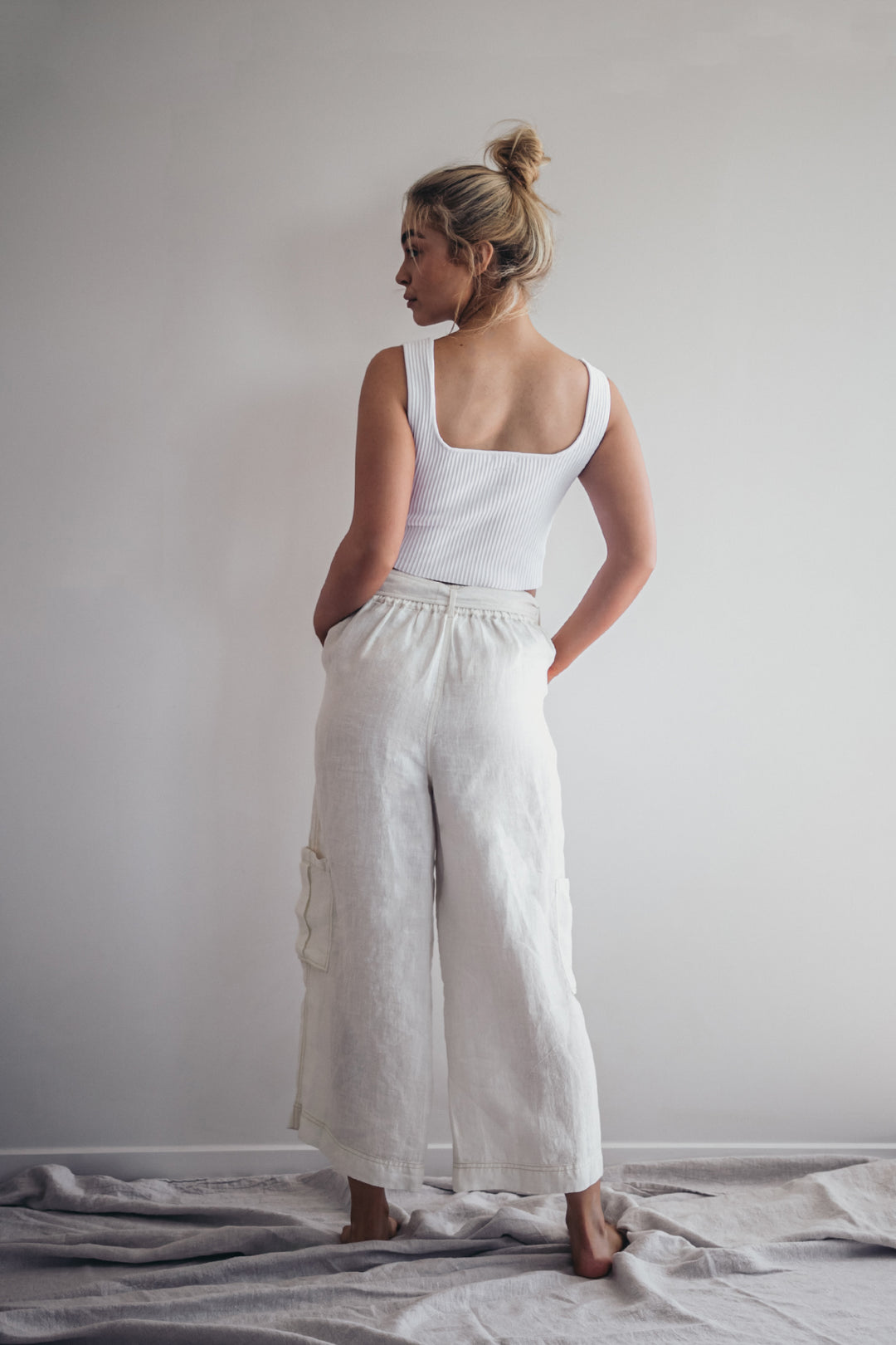 BONE LINEN WIDE LEG CARGO PANTS