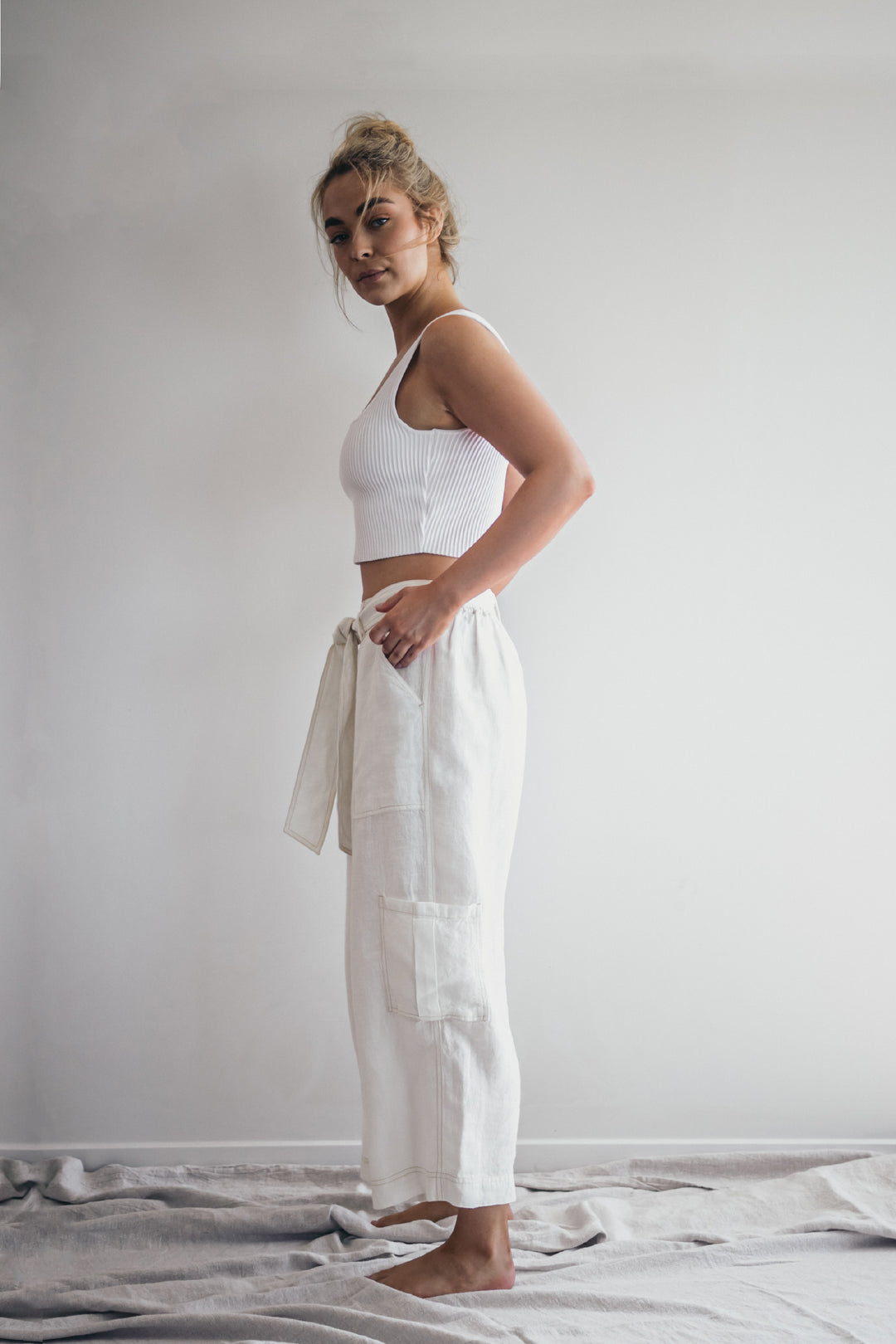 BONE LINEN WIDE LEG CARGO PANTS