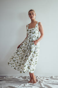 PACIFIC TIKI PRINT LINEN EMPIRE MAXI DRESS HANDPRINTED