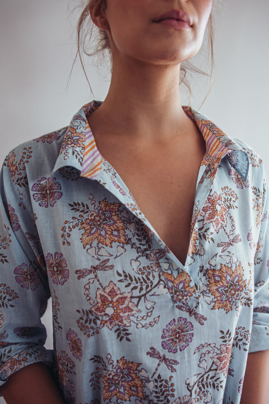 blue floral cotton beach shirt summer popover