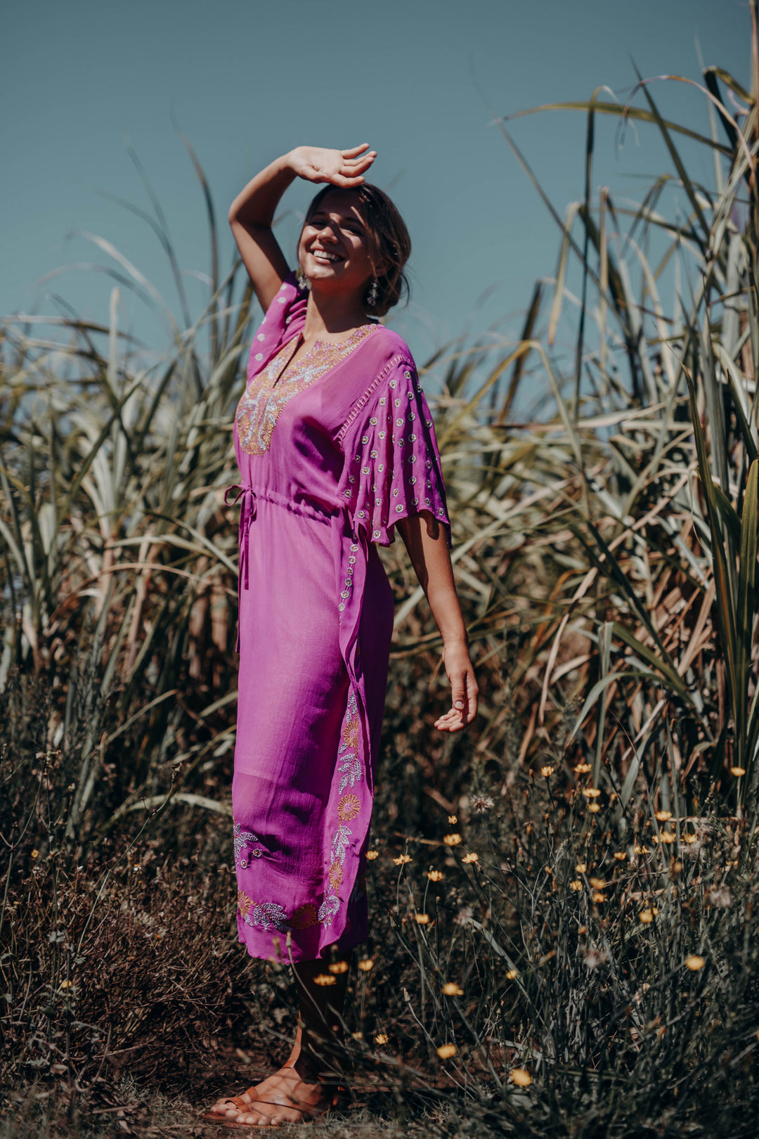 Saree Song Embroidered Kaftan Orchid
