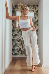 BONE LINEN WIDE LEG CARGO PANTS