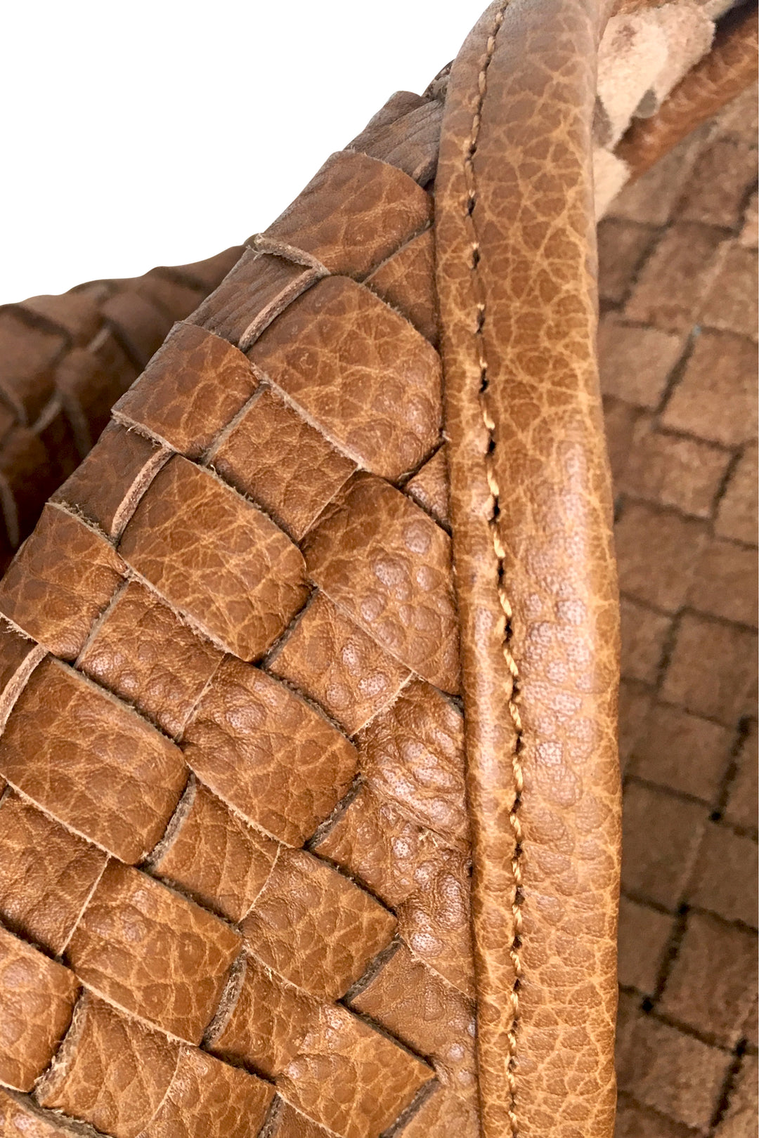 woven leather tote basket bag tan caramel close up