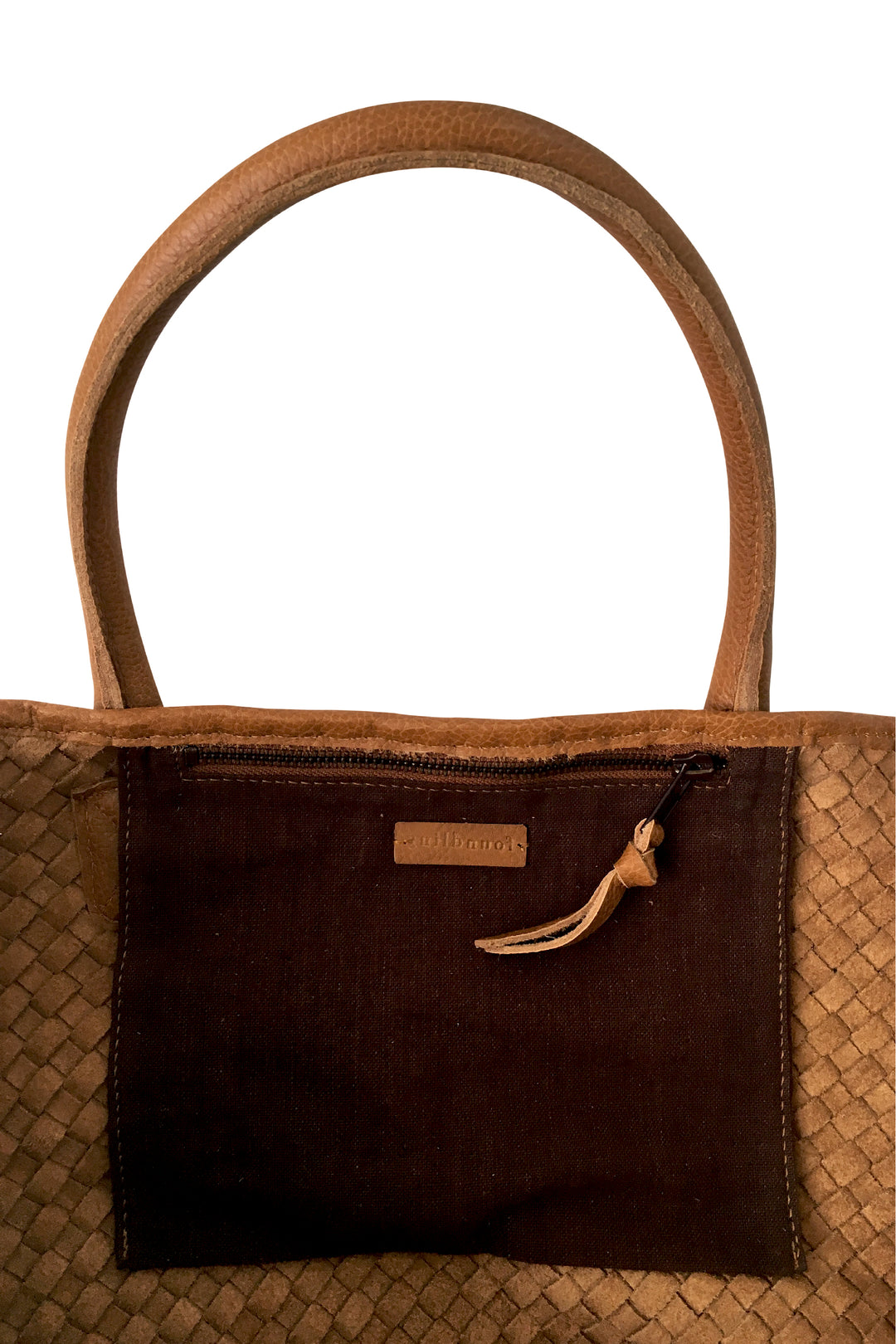 woven leather tote basket bag tan caramel inside pocket