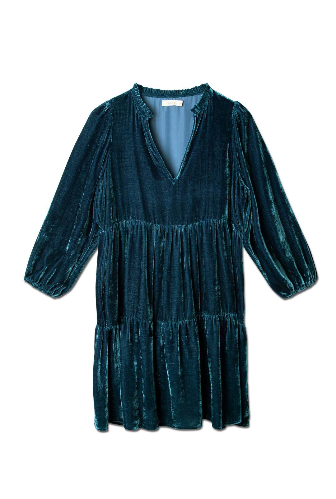 blue pure silk velvet knee length dress in tiers with blousey sleeve and little gathers to shoulder and neckline