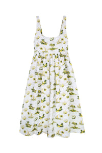 PACIFIC TIKI PRINT LINEN EMPIRE MAXI DRESS HANDPRINTED FLAT LAY