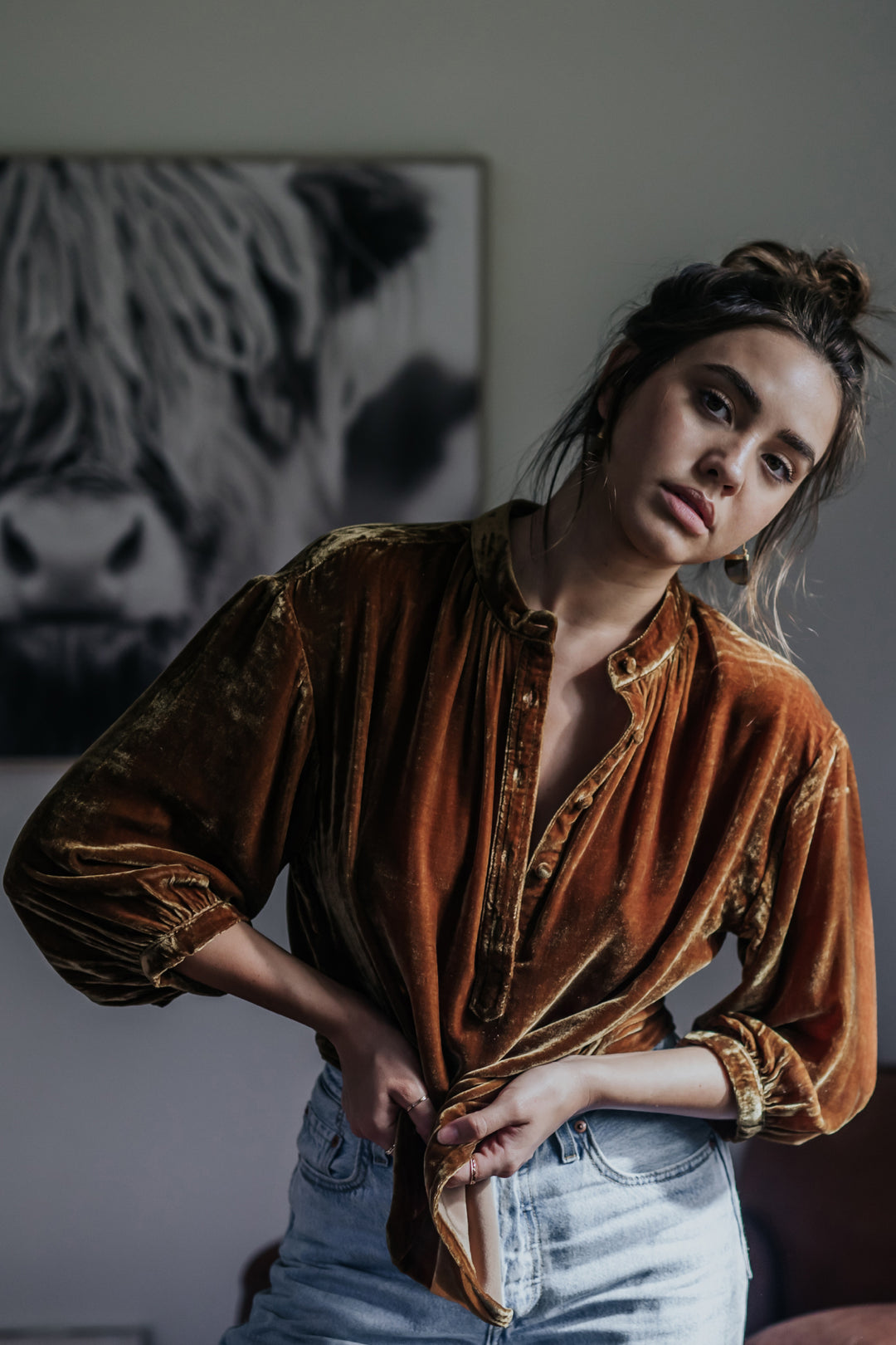 Silk Velvet Button Blouse Amber