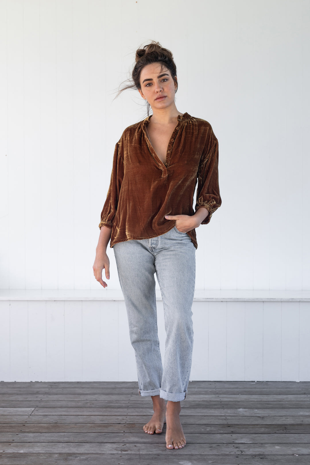 Silk Velvet Button Blouse Amber