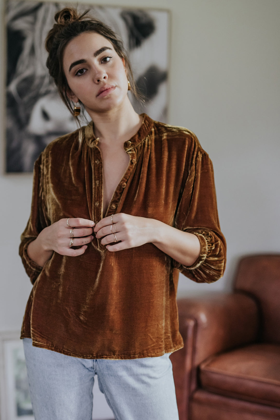 Silk Velvet Button Blouse Amber