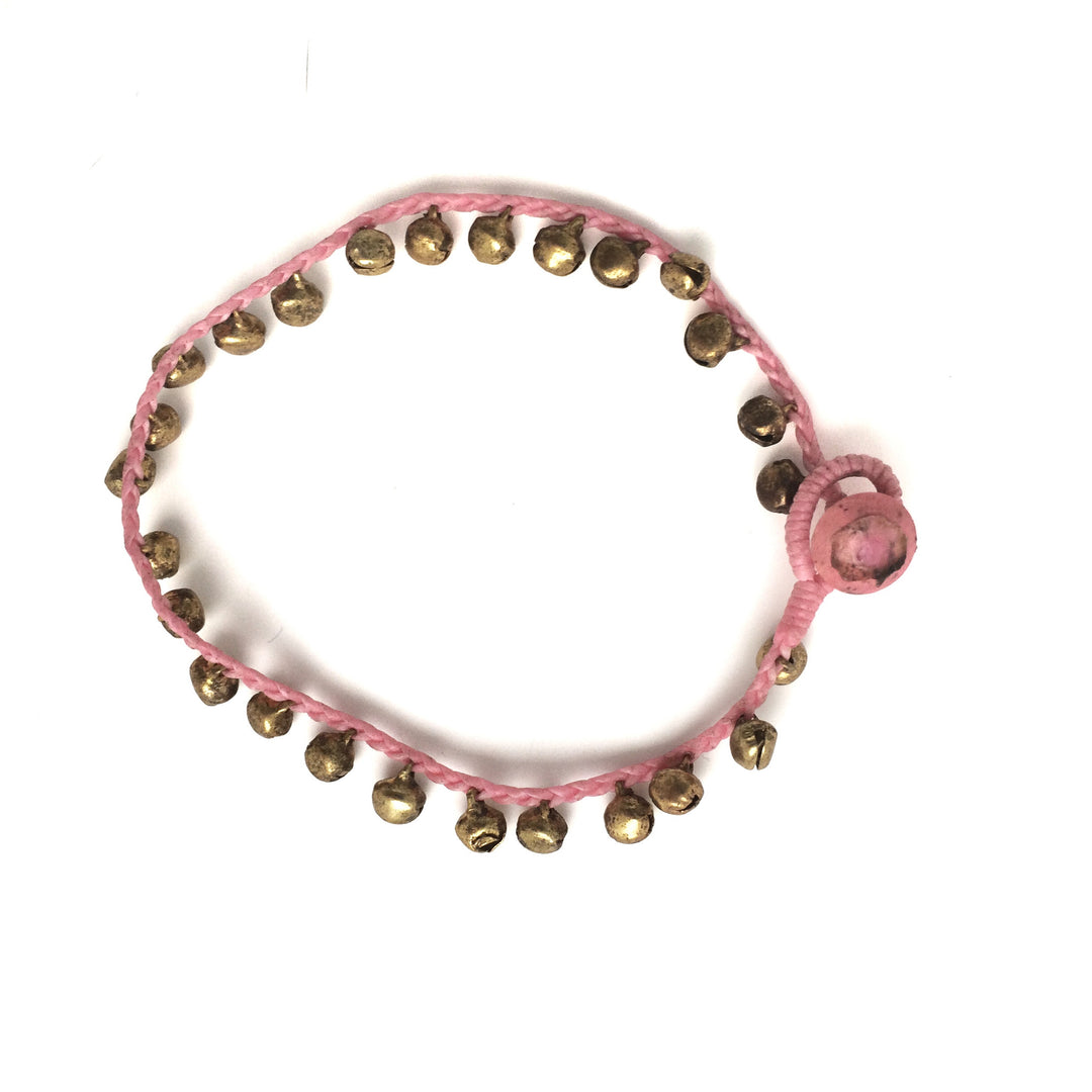 woven brass bell anklet in pink