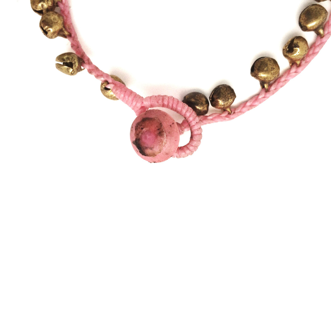 woven brass bell anklet in pink