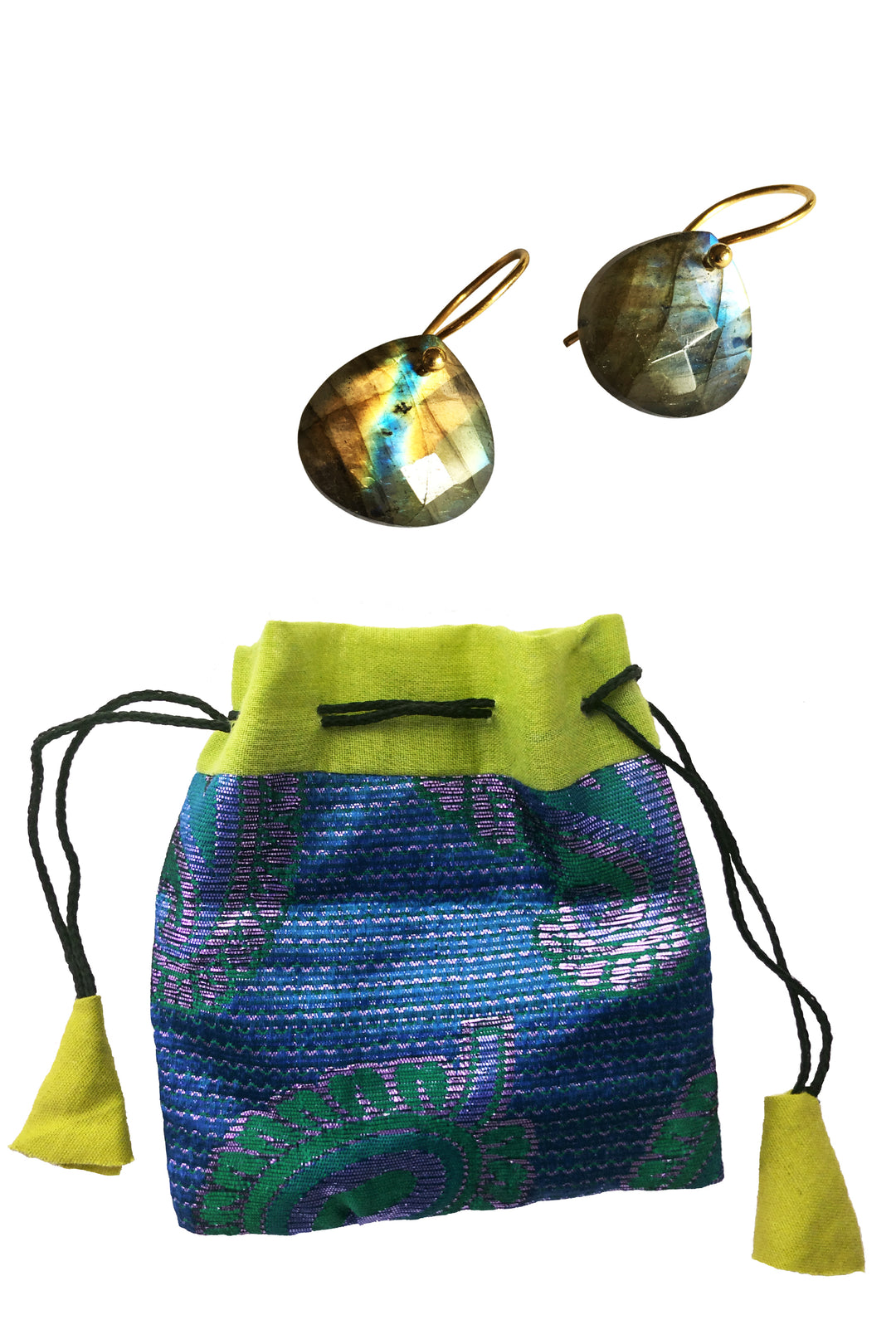 labradorite teardrop earrings gold hook in sari bag