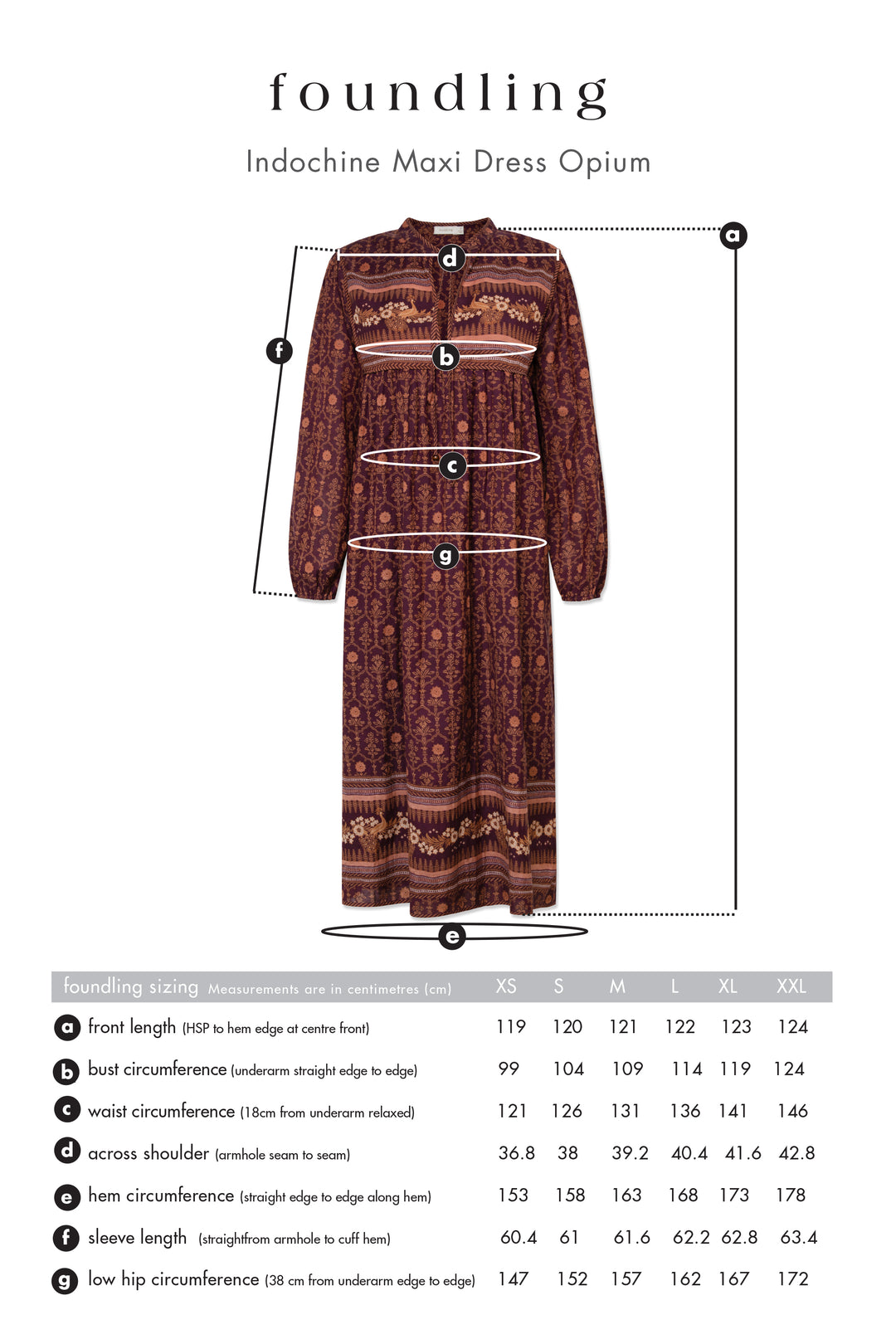 size guide for hand printed folk style maxi dress in fig with feature border and piping, elasticised sleeve and pockets